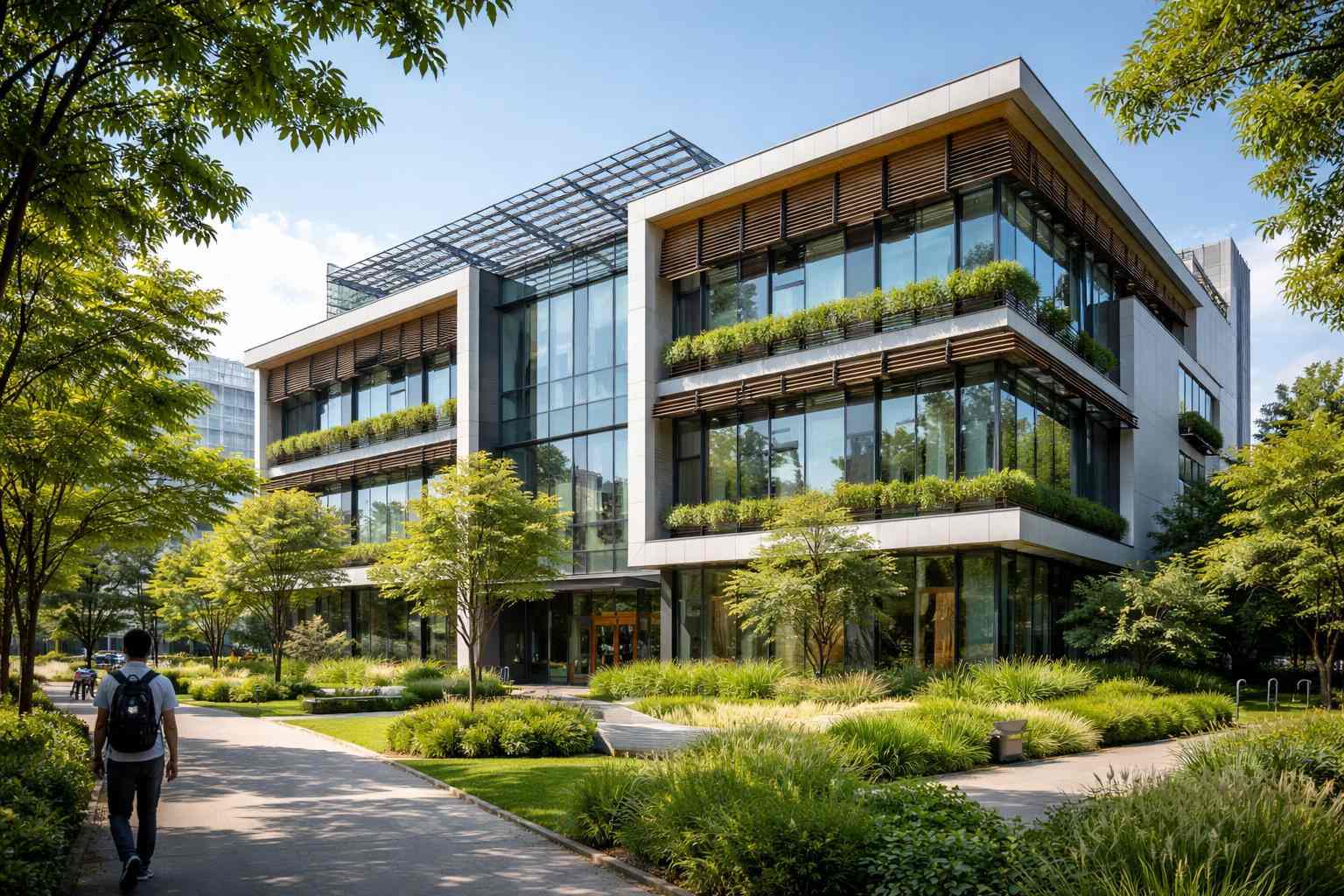 展示綠建築外觀與植栽的能效評估示意圖